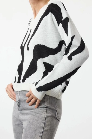 Stil Modern Kadın Regular Düşük Kol V Yaka Animal Desenli Triko Kazak - 3
