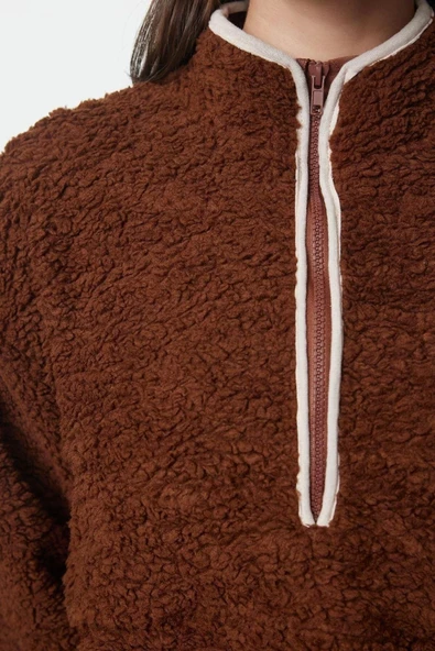 Tarz Regular Dik Yaka Düşük Kol Regular Peluş Örme Spor Sweatshirt - 3