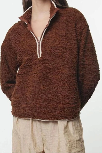 Tarz Regular Dik Yaka Düşük Kol Regular Peluş Örme Spor Sweatshirt - 2