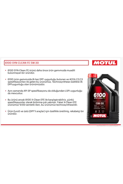 Motul 6100 SYN-clean FE 5W-30 4L Litre % 100 Sentetik Motor Yağı - Resim 3