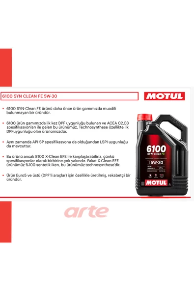 Motul 6100 SYN-clean FE 5W-30 4L Litre % 100 Sentetik Motor Yağı - Resim 2