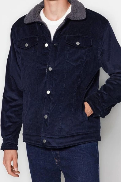 Tasarım Düz Astarlı Yaka Standart Regular Gömlek Unisex Regular Fit Kadife Kışlık Ceket Mont - 4