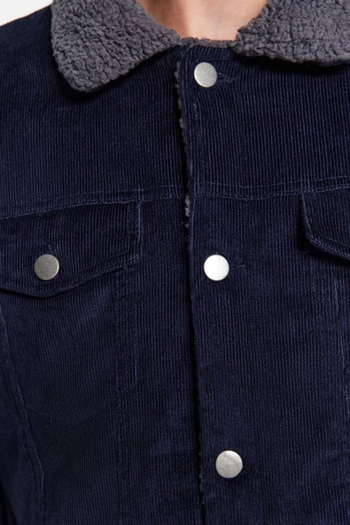 Tasarım Düz Astarlı Yaka Standart Regular Gömlek Unisex Regular Fit Kadife Kışlık Ceket Mont - 5