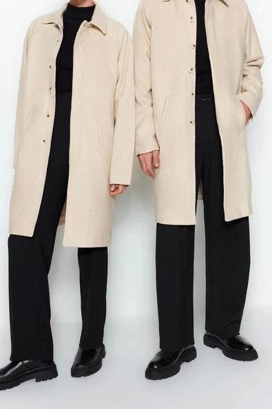 Tasarım Düz Astarsız Yaka Uzun Regular Gömlek Unisex Regular Fit Yün Karışımlı Kaşe Kışlık Kaban - 3