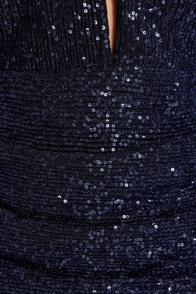 Moda Stil Fitted V Yaka Mini Boy Vücuda Oturan Parıltılı Örme Pullu Payet Kısa Şık Abiye Elbise - 6