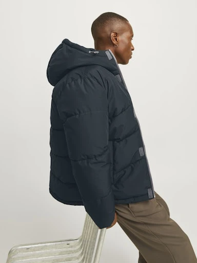 Jack Jones Erkek  Nautical Mavi Kapüşonlu Rüzgar Geçirmez Şişme Mont 12259850M - 5