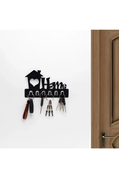 Home Siyah Metal Dekoratif Anahtar Askılığı - Pano Askılığı Home Yazılı Dekoratif Anahtarlık