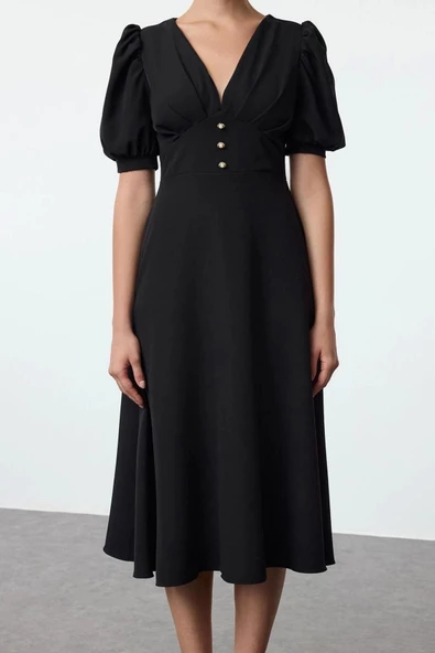 Moda Stil Fitted V Yaka Midi Boy Elbise - 3