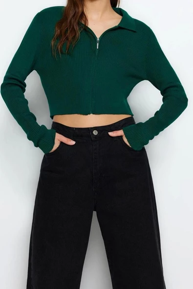 Kadın Modern Tarz Slim Polo Yaka Crop Triko Hırka - 3