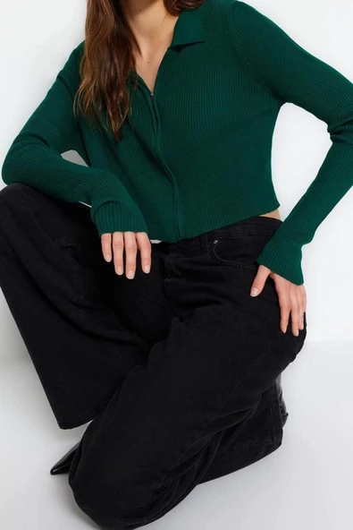Kadın Modern Tarz Slim Polo Yaka Crop Triko Hırka