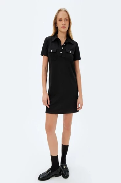 Koton Polo Yaka Elbise Mini Boy A Kesim Kısa Kollu İnci Düğme ve Cep Detaylı - 3