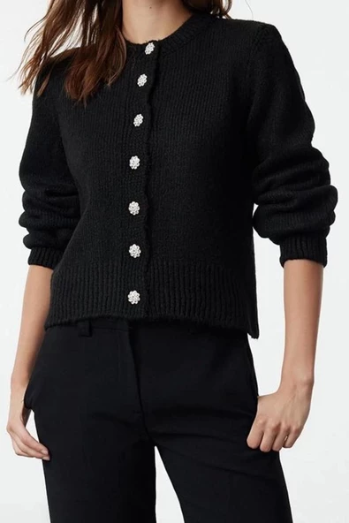 Kadın Modern Tarz Regular Bisiklet Yaka Regular Triko Hırka - Resim 3