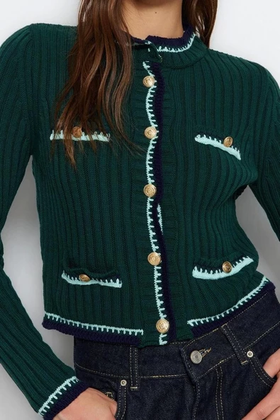 Kadın Modern Tarz Regular Bisiklet Yaka Crop Triko Hırka - 3