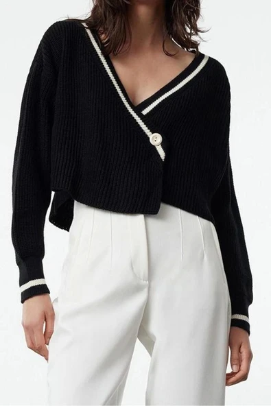 Kadın Modern Tarz Regular Kruvaze Crop Triko Hırka