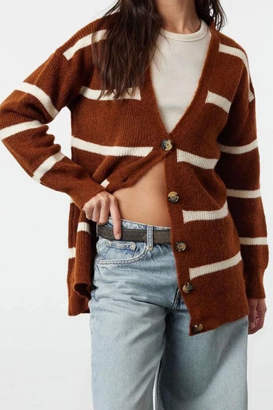 Kadın Modern Tarz Oversize V Yaka Midi Triko Hırka