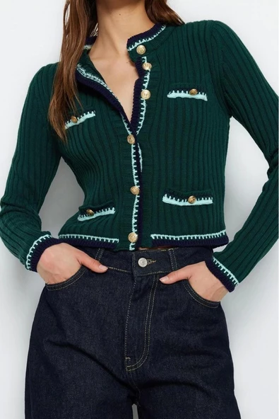 Kadın Modern Tarz Regular Bisiklet Yaka Crop Triko Hırka