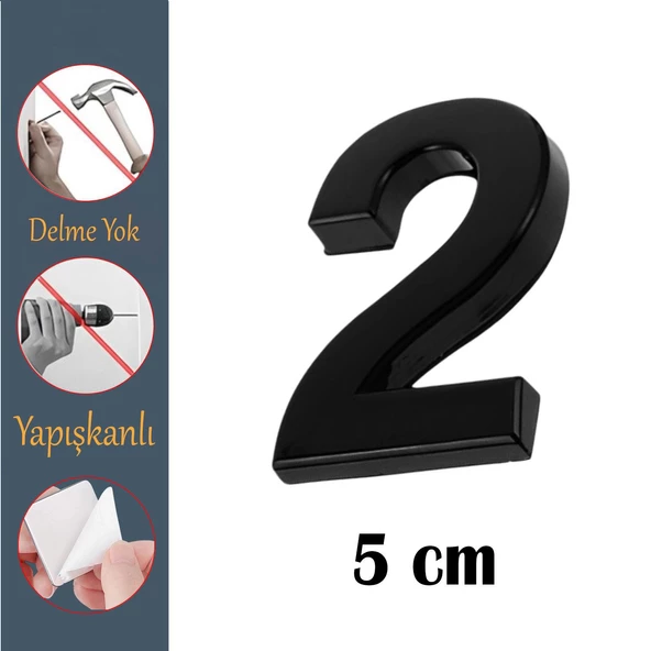 Kapı Numarası Yapışkanlı Küçük Boy 50 mm 5 cm Numara 2 Rakam İki Sayısı Siyah Renk Numaralar 1 Adet