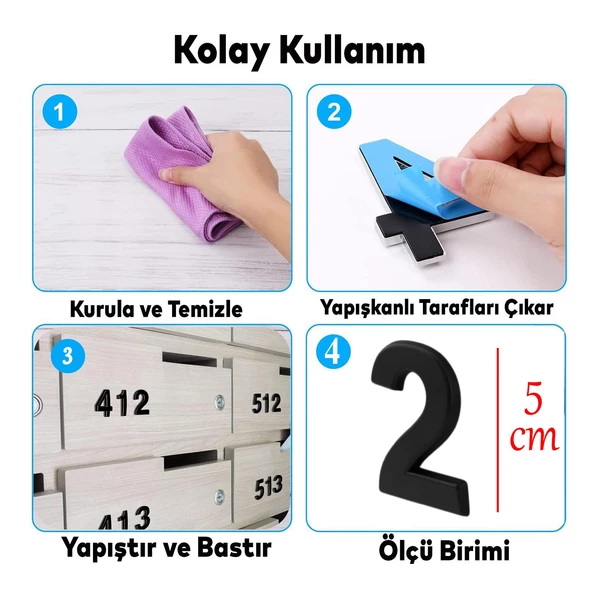 Kapı Numarası Yapışkanlı Küçük Boy 50 mm 5 cm Numara 2 Rakam İki Sayısı Siyah Renk Numaralar 1 Adet - 2