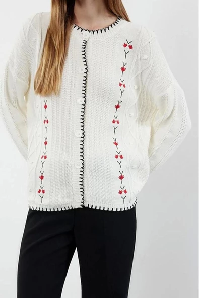 Kadın Modern Tarz Regular Bisiklet Yaka Regular Triko Hırka - Resim 3