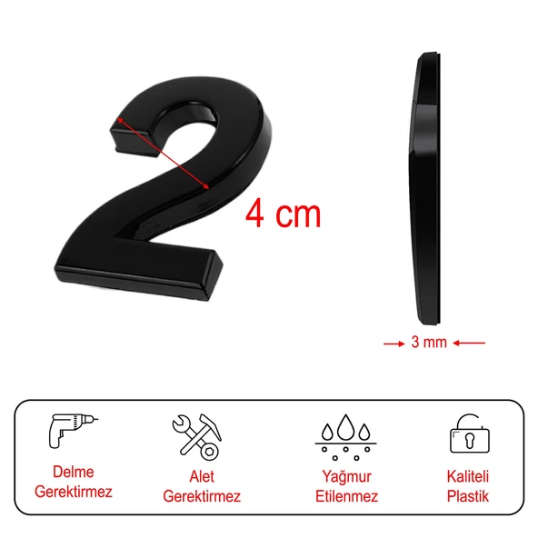 Kapı Numarası Yapışkanlı Küçük Boy 50 mm 5 cm Numara 2 Rakam İki Sayısı Siyah Renk Numaralar 1 Adet - 4
