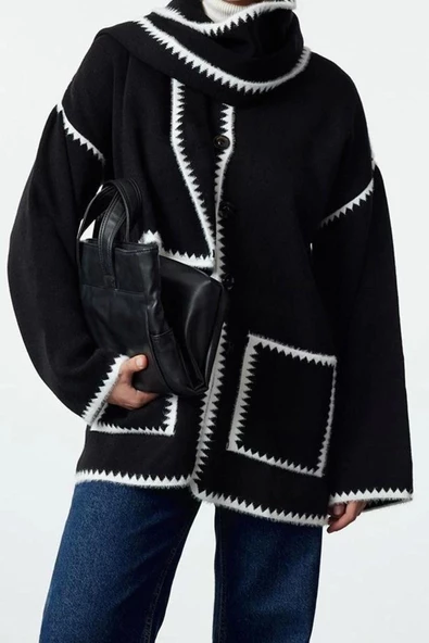 Kadın Modern Tarz Oversize Bisiklet Yaka Midi Triko Hırka