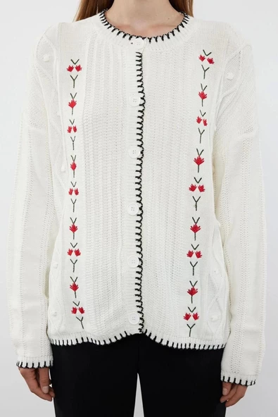 Kadın Modern Tarz Regular Bisiklet Yaka Regular Triko Hırka - Resim 2