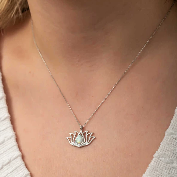 Gümüş Beyaz Opal Taşlı Lotus Kadın Kolye SL8180 - Resim 4
