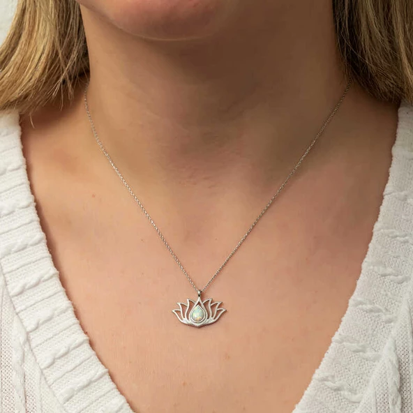 Gümüş Beyaz Opal Taşlı Lotus Kadın Kolye SL8180 - Resim 7