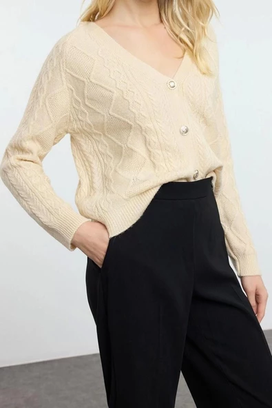 Kadın Modern Tarz Oversize V Yaka Regular Triko Hırka - Resim 3