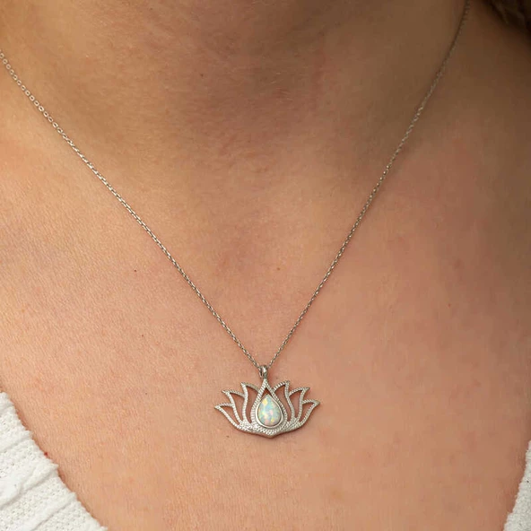 Gümüş Beyaz Opal Taşlı Lotus Kadın Kolye SL8180 - Resim 5