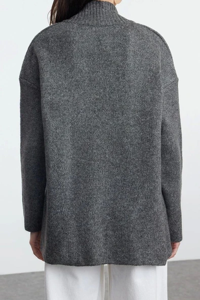 Kadın Modern Tarz Oversize Şal Yaka Midi Triko Hırka - 4