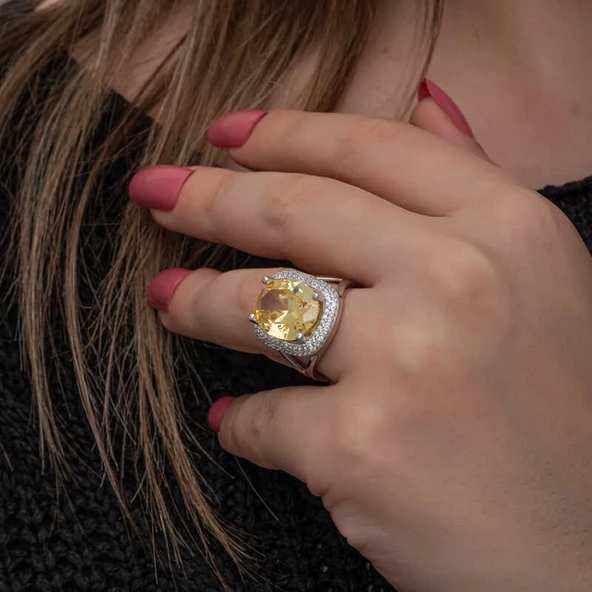 Gümüş Sitrin Taşlı Kare Kadın Yüzük  SL7199 - Resim 7