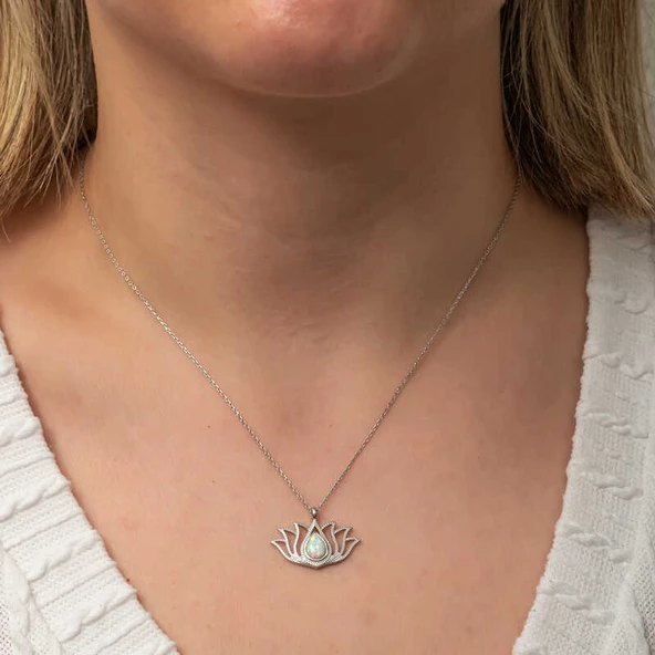 Gümüş Beyaz Opal Taşlı Lotus Kadın Kolye SL8180 - Resim 6