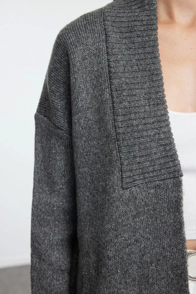 Kadın Modern Tarz Oversize Şal Yaka Midi Triko Hırka - 2