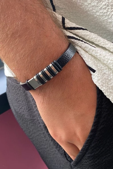 Siyah Renk Metal Detaylı Çelik Bileklik - 2
