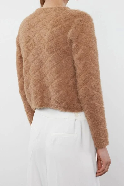 Kadın Modern Tarz Regular Bisiklet Yaka Crop Triko Hırka - 4