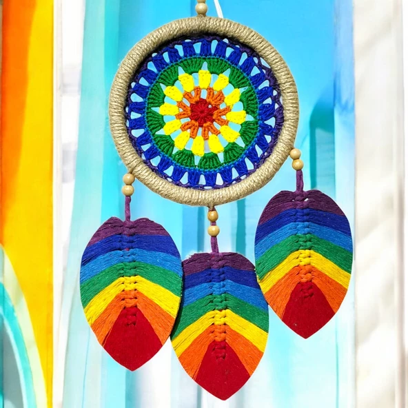 Yedi Çakra Renklerinde Yapraklı Makrome Duvar Süsü - Resim 4