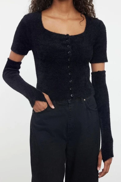 Kadın Modern Tarz Slim Kare Yaka Crop Triko Hırka - 2