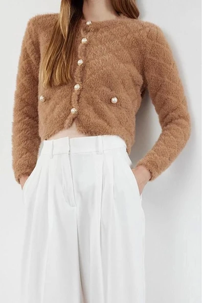 Kadın Modern Tarz Regular Bisiklet Yaka Crop Triko Hırka - 3