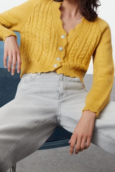 Kadın Modern Tarz Regular V Yaka Crop Triko Hırka