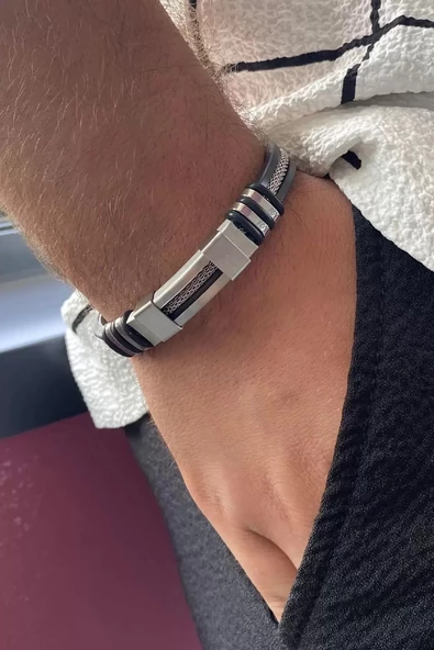 Siyah Ve Gümüş Renk Metal Detaylı Çelik Erkek Bileklik - 2