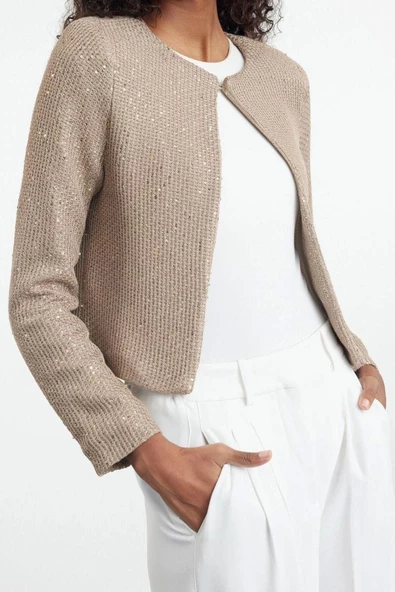 Kadın Modern Tarz Regular Bisiklet Yaka Crop Triko Hırka