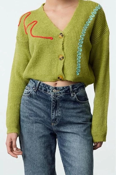 Kadın Modern Tarz Regular V Yaka Crop Triko Hırka