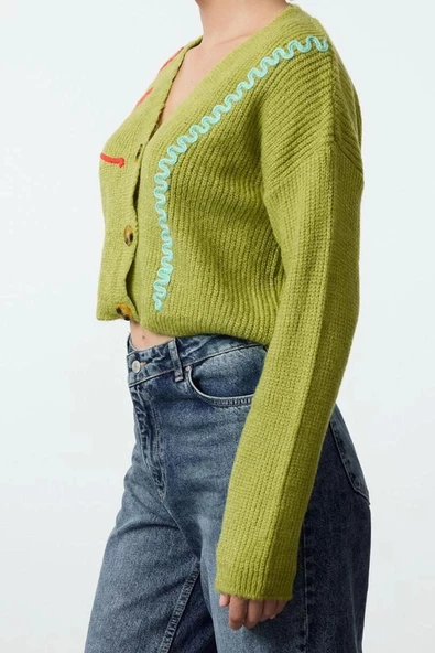 Kadın Modern Tarz Regular V Yaka Crop Triko Hırka - 3
