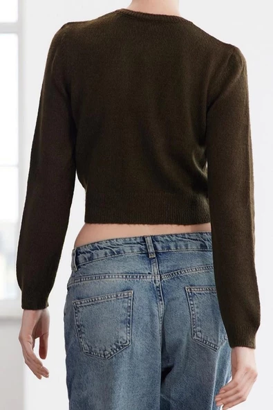 Kadın Modern Tarz Regular Bisiklet Yaka Crop Triko Hırka - 2