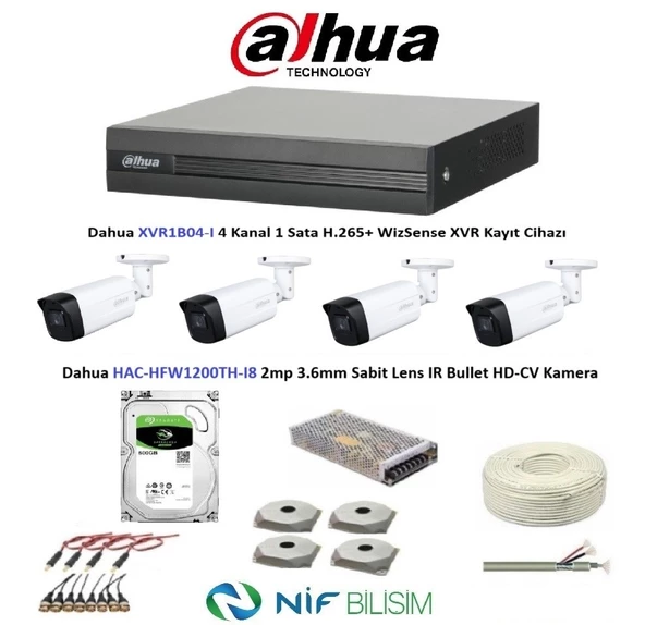 Dahua 2mp 4 kameralı Dış ortam AHD Full Kamera Seti 500GB Disk HAC-HFW1200TH-I8