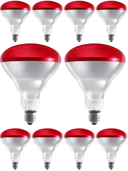 Avarson (10 Adet) 250W Kızılötesi (infrared) Isıtıcılı Fizik Tedavi Lambası (Kırmızı Işık) E27 (Kalın Duy)