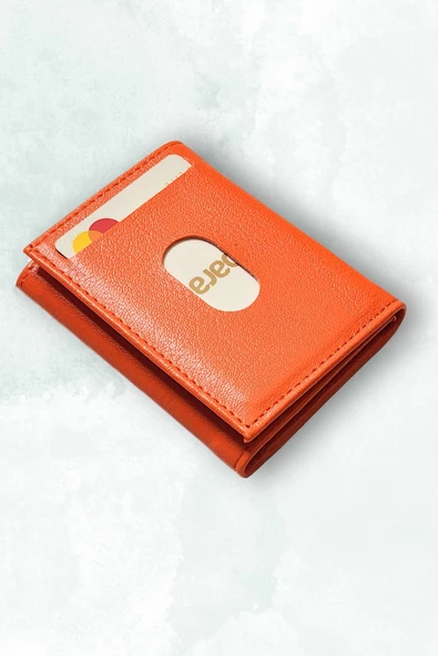 Süper İnce Minimal Unisex Çıtçıtlı Turuncu Deri Cüzdan Kartlık Portföy - 3