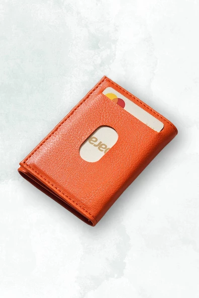 Süper İnce Minimal Unisex Çıtçıtlı Turuncu Deri Cüzdan Kartlık Portföy - 4