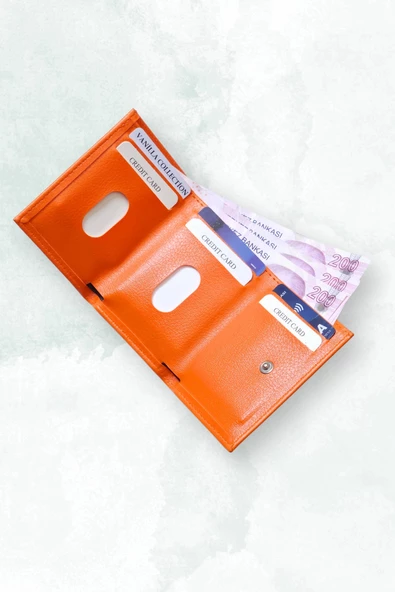 Süper İnce Minimal Unisex Çıtçıtlı Turuncu Deri Cüzdan Kartlık Portföy - 2